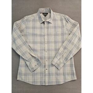 Marc Anthony Mens Slim Fit Plaid Button Down Shirt Blue Grey Large Stretch